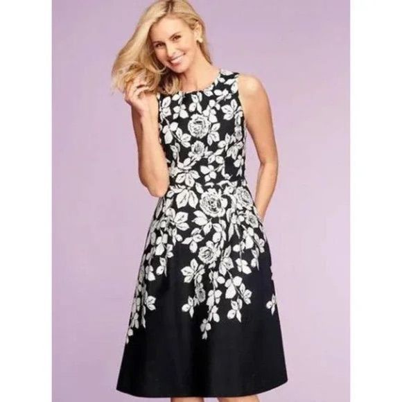 Talbots Dresses & Skirts - Talbots Size 4p Fit & Flare DRESS A-Line Black & White Rose Floral Pockets